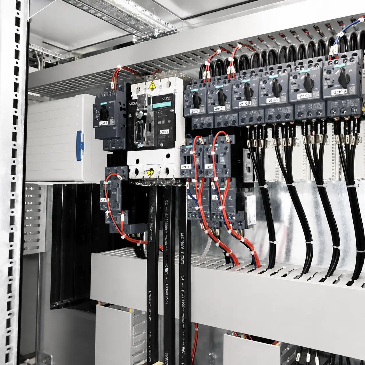 Siemens motor starters and circuit breakers wired inside a low-voltage panel