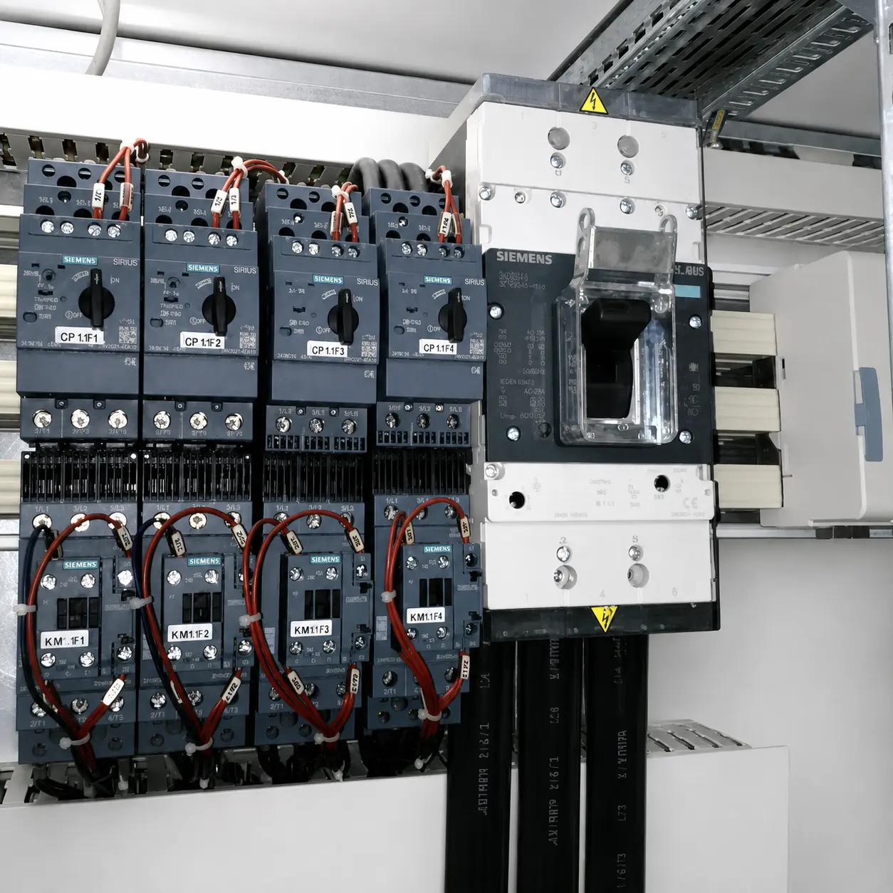Siemens SIRIUS contactors and moulded-case circuit breaker in an electrical panel
