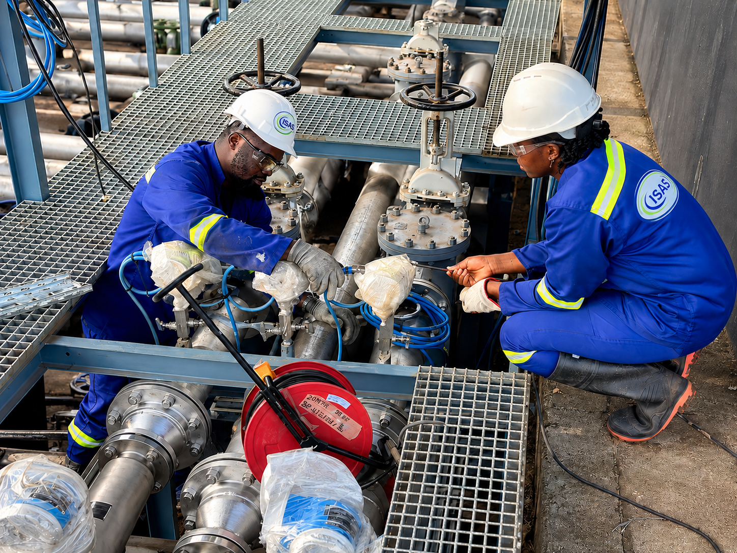 Techniciens ISAS installant de l'instrumentation de terrain