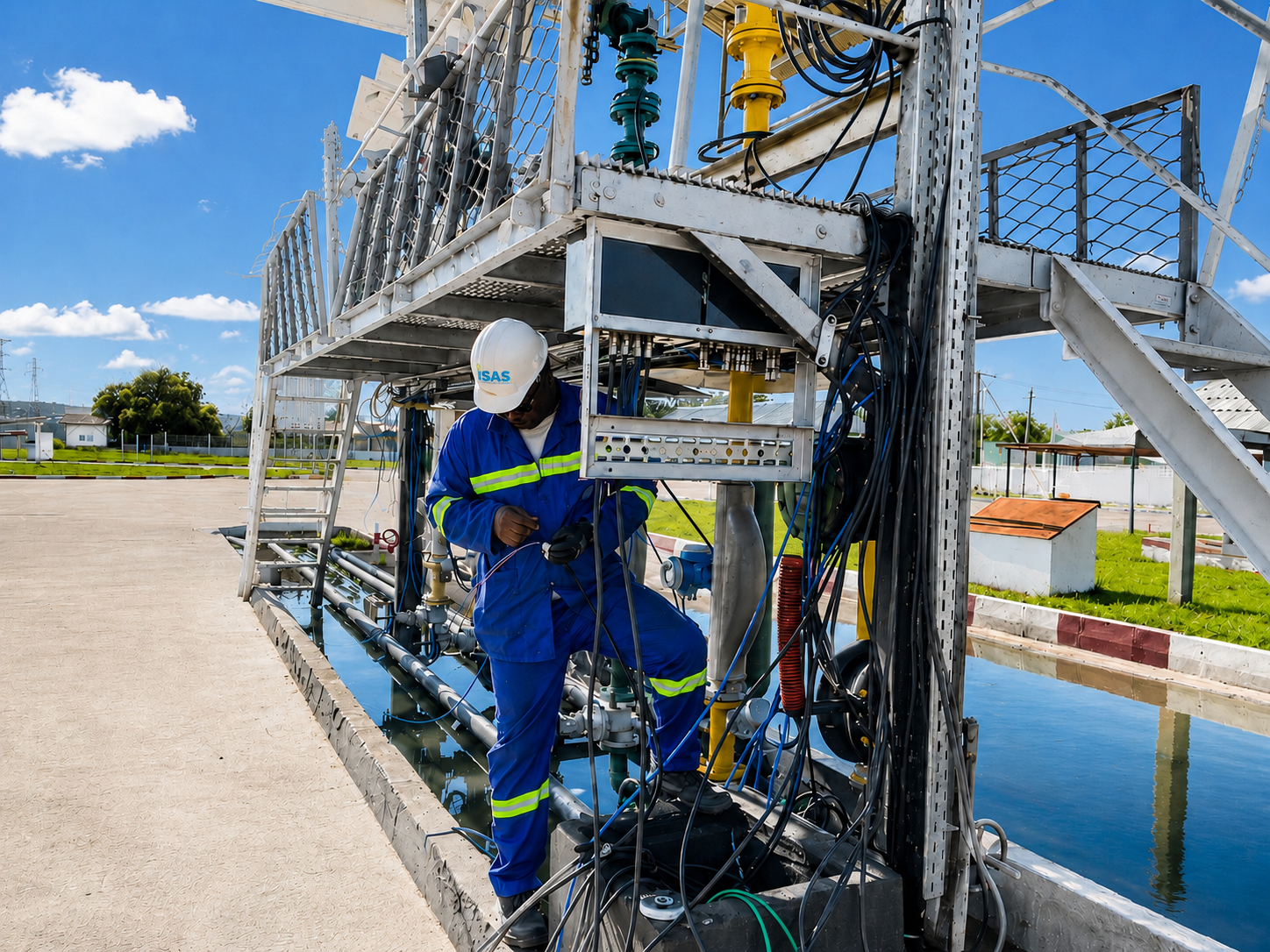 ISAS technician wiring field instruments on an outdoor measurement skid
