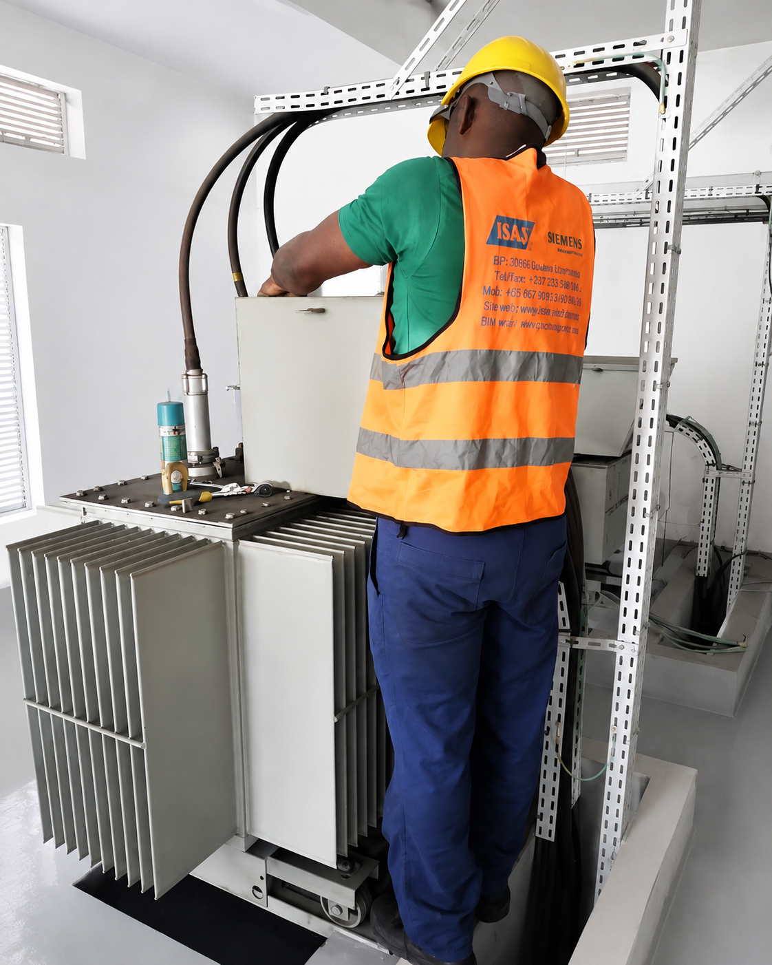 ISAS technician servicing a medium-voltage power transformer in a substation