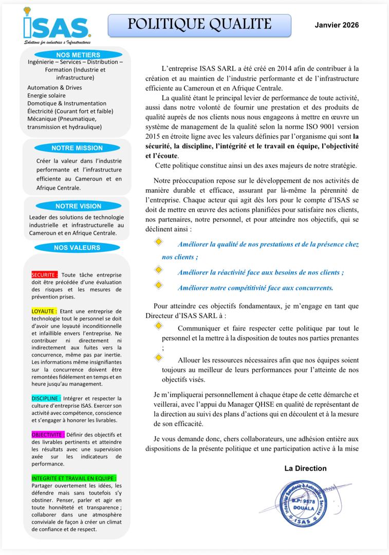 Document officiel de la politique qualité ISAS, janvier 2026
